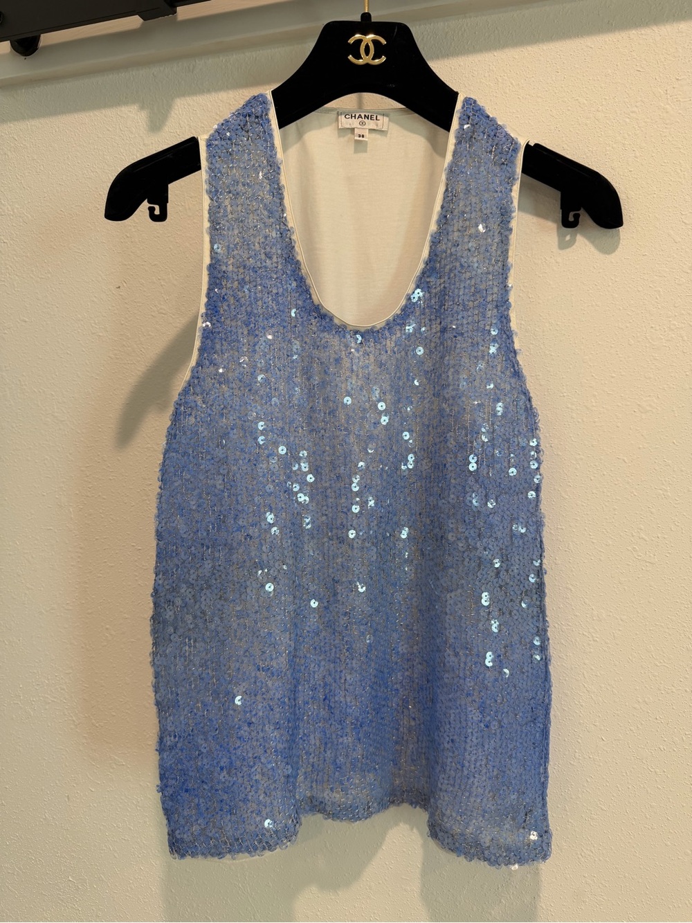 CHANEL Light Blue Sequin Knit Tank Top